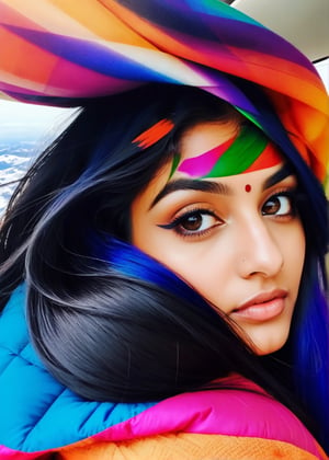 lovely cute young attractive indian teenage girl, 23 years old, cute, an Instagram model, long black_hair, colorful hair, winter, at a flight, Indian, full nude nipples, nude boobs