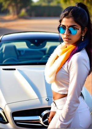 lovely cute young attractive indian teenage girl, 22 years old, cute, an Instagram model,  black_hair, colorful hair, out a new Mercedes car. white Goggles. full nude