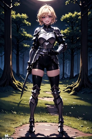 young blonde, (short hair), blue eyes, ((joyful expression)), (smiling look), (medieval combat clothing), (tight black shorts), (full body covered by light metal armor) , (black top clothing), (long sleeve), (standing in joyful position, fists clenched) ((in the middle of a dark forest)), (((at night))), high quality, work of art.