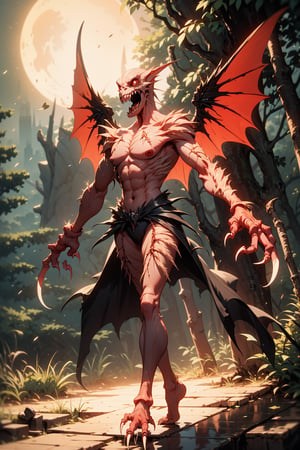 ((creature)), looking like a man, pale, (long arms), (long legs), large wings on the back, (malnourished), (large mouth), (sharp teeth), red eyes and macabre look, fingers long, claws, at night in the dark, trees in the background.