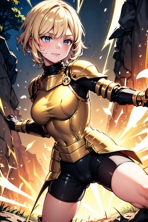 young blonde, ((surrounded by a yellow aura of power throughout her body)), (short hair), blue eyes, ((warm gaze expression, slight smile)), (exhausted), (medieval combat clothing), ( tight black shorts), (covered by light metal armor), (black upper clothing), (long sleeve), (standing in combat stance)) (scratches, wound)), (in the middle of a dark forest ), ( (at night)).