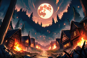 (medieval town), (humble houses destroyed), (houses burning)((burning)), (in the middle of the night), (destruction), 1 full moon, (in the middle of a forest).