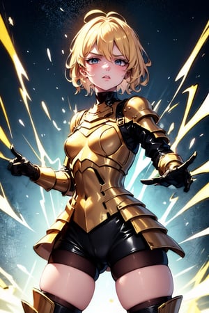 young blonde, ((surrounded by a yellow aura of power all over her body)), (short hair), blue eyes, ((serious looking expression)), (challenging look), with her 2 arms extended horizontally, (medieval combat clothing), (tight black shorts), (covered by light metal armor), (black upper clothing), (long sleeve), (standing in combat stance)) (scratches, wound)) , (in the middle of a dark forest), ((at night)).