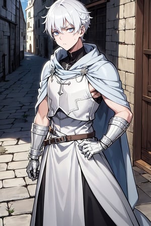 man, white hair, albino (serious expression), dressed in ((silver armor)), (a light blue cloak), in the middle of a (medieval town),