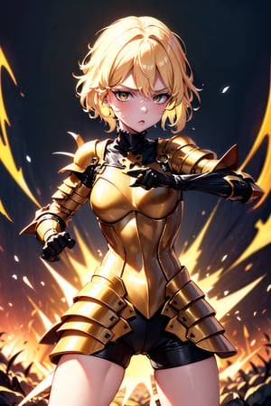 young blonde, ((surrounded by a yellow aura of power all over her body)), (short hair), blue eyes, ((serious looking expression)), (challenging look), with her 2 arms extended horizontally, (medieval combat clothing), (tight black shorts), (covered by light metal armor), (black upper clothing), (long sleeve), (standing in combat stance)) (scratches, wound)) , (in the middle of a dark forest), ((at night)).