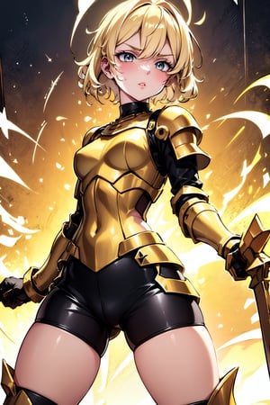 young blonde, ((surrounded by a yellow aura of power all over her body)), (short hair), blue eyes, ((serious looking expression)), (challenging look), with her 2 arms extended horizontally, (medieval combat clothing), (tight black shorts), (covered by light metal armor), (black upper clothing), (long sleeve), (standing in combat stance)) (scratches, wound)) , (in the middle of a dark forest), ((at night)).