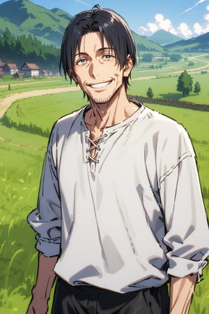 Older man 40 years old, peasant, appearance: (thin), (dark circles), (short black hair), (white shirt) (black cloth pants), ((smiling expression)), on the outskirts of a town, landscape, field, trees, green grass.