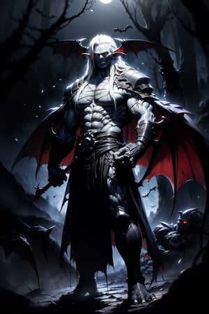 (scary monster, appearance of a burly man) (vampire), (bat ears), ((macabre smile)), (fangs), (red eyes), (long white hair), (muscular body), (protruding veins) , tall, (bat wings), ((completely white, pale skin)), (claws on feet and hand), (an old, torn, black tunic, on), standing in the middle of a dark forest, ( (night))