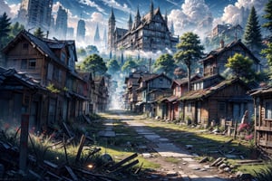 a small ((abandoned medieval city)), humble closed houses, without any people, houses, old huts, half destroyed, cloudy sky, low fog, (noon), clear, (glow), gray clouds, trees without leaves, ghost town, desolate