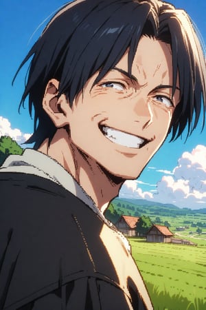 Older man 40 years old, peasant, appearance: (thin), (dark circles), (short black hair), (white shirt) (black cloth pants), ((smiling expression)), on the outskirts of a town, landscape, field, trees, green grass.