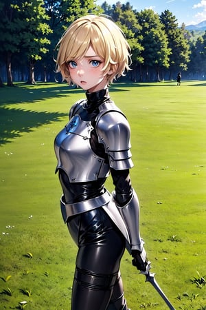 1 young blonde, (short hair), blue eyes, ((confused expression)), (thoughtful, curious look), (medieval combat clothing), (tight black shorts), (covered by light metal armor), (black top clothing), (long sleeve), (standing walking) ((in the middle of a meadow)), (grass), (trees), (((beautiful day))), high quality, work of art.