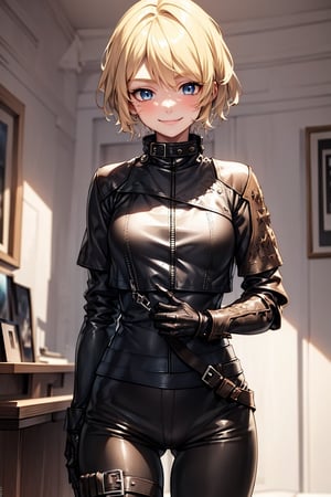 young blonde girl, (short hair), blue eyes, a smile, ((a brown combat clothing, short leather jacket, closed and strapped, long black pants, metal parts of armor, (interior of a room)