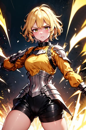 young blonde, ((surrounded by a yellow aura of power all over her body)), (short hair), blue eyes, ((angry expression)), (warm gaze, slight smile), exhausted, (medieval combat clothing ), (tight black shorts), (covered by light metal armor), (black upper clothing), (long sleeve), (standing in combat stance)) (scratches, wound)), (in the middle of a dark forest), ((at night)).