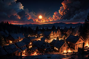 (a medieval town), (destroyed), (burning in fire), (in the middle of the forest), at night, (illuminated by flames), full moon, (houses, huts destroyed), (houses burning).