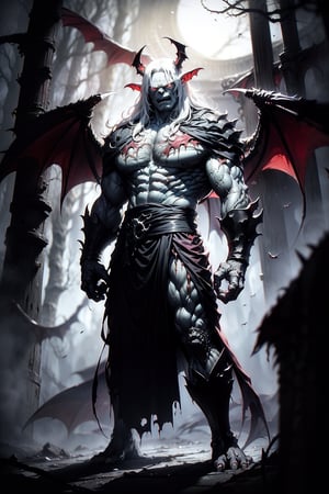 ((scary monster, appearance of a burly man) (vampire), (bat ears), ((angry look)), (angry expression), (fangs), (red eyes), (long white hair), (muscular body ), (protruding veins), tall, (bat wings), ((completely white, pale skin)), (claws on feet and hand), (an old, torn black tunic, on), standing in the middle from a dark forest, ((at night))