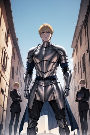 man, blonde, blue eyes, short hair (serious expression), dressed in ((silver armor)), long black pants, red belt, in the middle of a (medieval town),