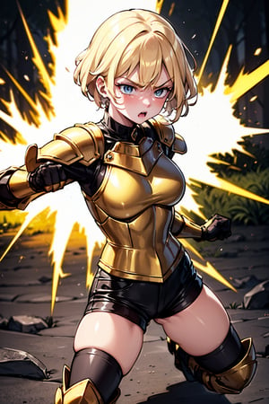 young blonde, ((surrounded by a yellow aura of power all over her body)), (short hair), blue eyes, ((angry expression)), (challenging look), (throwing fists), (medieval combat clothing ), (tight black shorts), (covered by light metal armor), (black upper clothing), (long sleeve), (standing in combat stance)) (scratches, wound)), (in the middle of a dark forest), ((at night)).