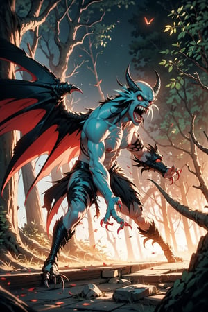 ((creature)), looking like a man, pale, (long arms), (long legs), large wings on the back, (malnourished), (large mouth), (sharp teeth), red eyes and macabre look, fingers long, claws, (fighting), (His left arm is missing), (combat position), scream of pain, (at night in the dark), trees in the background.