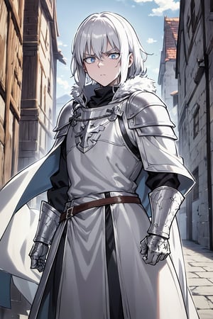 man, white hair, albino (serious expression, upset), dressed in ((silver armor)), (a light blue cloak), in the middle of a (medieval town),