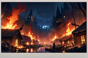 (medieval town), (humble houses destroyed), (houses burning)((burning)), (in the middle of the night), (destruction), 1 full moon, (in the middle of a forest).