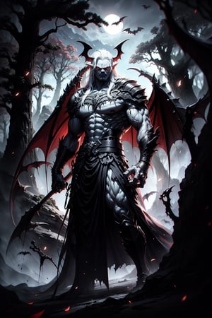 (scary monster, appearance of a burly man) (vampire), (bat ears), ((angry look)), (angry expression), (fangs), (red eyes), (long white hair), (muscular body ), (protruding veins), tall, (bat wings), ((completely white, pale skin)), (claws on the feet and hand), (lying on the ground face up defeated), (a black, old tunic and broken, set), standing in the middle of a dark forest, ((at night))