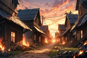 (small destroyed town) scene of a town that was destroyed, destroyed wooden houses, sunset atmosphere illuminated by the flames of the destroyed houses, dirt road, trees.