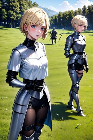 1 young blonde, (short hair), blue eyes, ((confused expression)), (thoughtful, curious look), (medieval combat clothing), (tight black shorts), (covered by light metal armor), (black top clothing), (long sleeve), (standing walking) ((in the middle of a meadow)), (grass), (trees), (((beautiful day))), high quality, work of art.