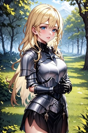 A beautiful young woman with blonde hair, blue eyes, a sad look, wearing medieval metal armor and a black skirt, must be located in the forest.