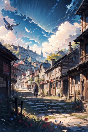 a medieval town, ((astonished people)), looking ahead, women, children, old people, humble houses, farmers, lower class people, blue sky, fluffy clouds.