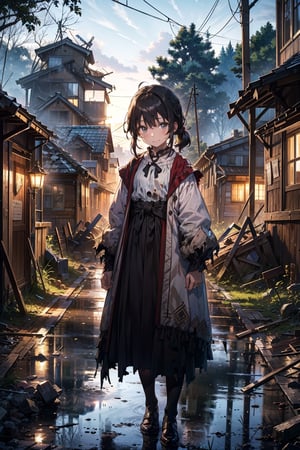 (little girl), (8 years old), (black hair tied up), (suit), (medieval, ancient dress), (peasant clothing) ((clothing color, black bottom and white top)), happy expression, ( (destroyed and abandoned village)), destroyed houses without light (forest), (at night), (small scratches) on the face and clothes.