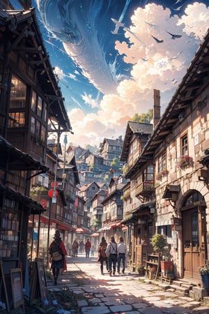 a medieval town, amazed people, humble houses, farmers, lower class people, day sky, clouds,