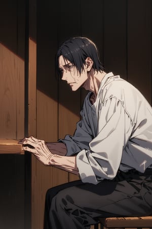 Older man 40 years old, peasant, appearance: (thin), (emaciated), (dark circles) (beaten) (short black hair), (white shirt) (black cloth pants), ((calm, melancholic expression), sitting on a chair, inside an empty bar, wooden tables and chairs, wooden floor.