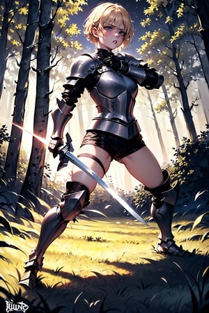 young blonde, (short hair), blue eyes, ((serious look expression)), (challenging look), ((fury look)) (medieval combat clothing), (tight black shorts), (covered by armor light metal), (black upper clothing), (long sleeve), (standing in combat stance), (grabbing a sword), ((in the middle of a forest)), (destroyed houses around him) (( (at night))), high quality, work of art.