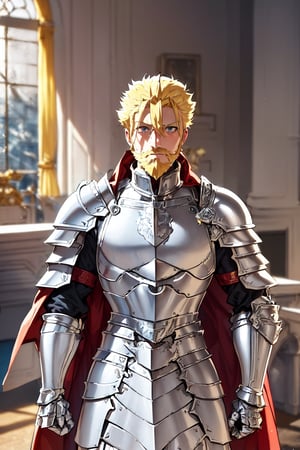 1 man, ((appearance of a King)), (Blonde hair, blonde beard,) age 50, blue eyes, dress ((silver armor)) that reflects his body in excellent condition, a red cape with white edges, (( a crown, large, made of gold with embedded pearls), a look of sadness, in an office, interior of a room,