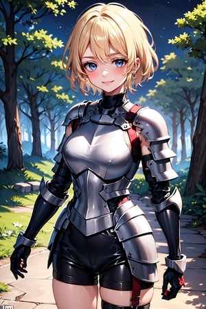 young blonde, (short hair), blue eyes, (expression on her face smiling, happy, red cheeks, (medieval combat clothing), (tight black shorts), (covered by a light metal armor that covers her entire chest and shoulders), (black top clothing), (long sleeve), ((in a secluded environment in the middle of a dark forest at night)), ((during the dark night)), high quality.