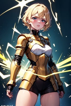 young blonde, ((surrounded by a yellow aura of power all over her body)), (short hair), blue eyes, ((serious looking expression)), (challenging look), with her 2 arms extended horizontally, (medieval combat clothing), (tight black shorts), (covered by light metal armor), (black upper clothing), (long sleeve), (standing in combat stance)) (scratches, wound)) , (in the middle of a dark forest), ((at night)).