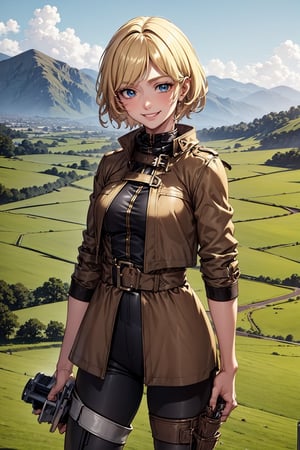 Freya, 21 years old, blonde girl, blue eyes, short hair, (short closed brown jacket), (long dark pants) black knee high boots, standing, hands behind her back, expression a smile, outside, field, landscape, high contrast