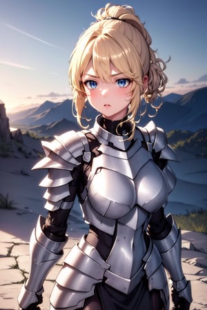 girl, ((blonde)), hair up, (blue eyes) a serious expression, (silver armor, covering her chest) metal armor, black skirt, the sky (night in the background) in a landscape.