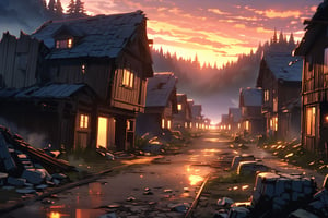 (small destroyed town) scene of a town that was destroyed, destroyed wooden houses, sunset atmosphere illuminated by the flames of the destroyed houses, dirt road, trees.