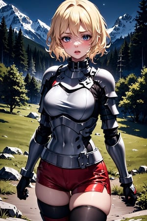 young blonde, (short hair), blue eyes, (expression on her face of enthusiasm, determined), red cheeks, (medieval combat clothing), (black, tight shorts), (covered by light metal armor), (black top clothing), (long sleeve), ((in a mountainous environment, at night in the middle of a forest)), (during the dark night), high quality, work of art.