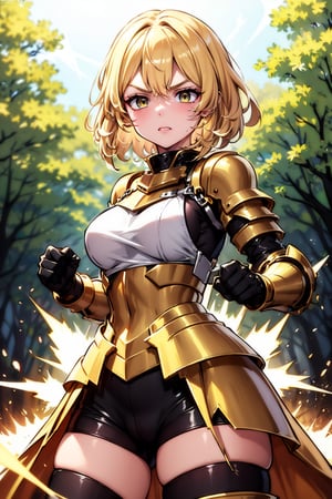 young blonde, ((surrounded by a yellow aura of power all over her body)), (short hair), blue eyes, ((angry expression)), (warm gaze, slight smile), exhausted, (medieval combat clothing ), (tight black shorts), (covered by light metal armor), (black upper clothing), (long sleeve), (standing in combat stance)) (scratches, wound)), (in the middle of a dark forest), ((at night)).