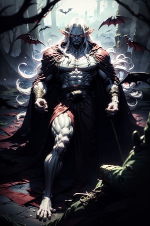 (scary monster, appearance of a burly man) (vampire), (elf ears), ((angry look)), (angry expression), (fangs), (red eyes), (long white hair), ( muscular body), (protruding veins), tall, (bat wings), ((completely white, pale skin)), (claws on feet and hand), (((lying on the ground defeated))), view from the air, (a black robe, old and torn, set), standing in the middle of a dark forest, ((at night))