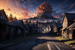 (small destroyed town) scene of a town that was destroyed and conquered by demonic creatures with wings, destroyed wooden houses, dull dusk environment, poor lighting, dirt road, trees.