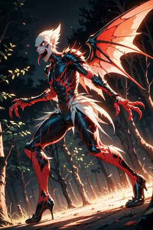 ((creature)), looking like a man, pale, (long arms), (long legs), large wings on the back, (malnourished), (large mouth), (sharp teeth), red eyes and macabre look, fingers long, claws, (fighting), (His left arm is missing), (combat position), scream of pain, (at night in the dark), trees in the background.