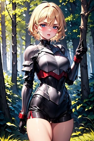 young blonde, (short hair), blue eyes, (expression on her face of enthusiasm, determined) happy with angry look, red cheeks, (medieval combat clothing), (black, tight shorts), (covered by armor of light metal), (black top clothing), (long sleeve), ((in a setting in the middle of a forest at night)), (during the dark night), starry night, high quality, artwork.