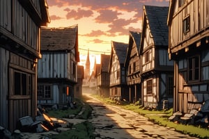 (small destroyed town), ((medieval era)), scene of a town that was destroyed, humble wooden houses destroyed, sunset atmosphere illuminated by the flames of the destroyed houses, dirt road, trees, dark feeling, anime style, world without technology.