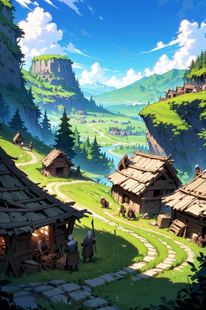 (group of villagers), (men), (dressed in humble clothing), (building their humble houses), (working, carrying wood), landscape, (destroyed village), (in the middle of a forest), ((( beautiful day))),