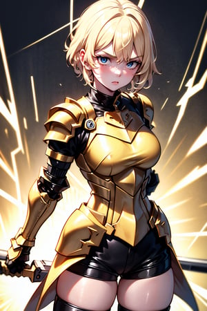 young blonde, ((surrounded by a yellow aura of power all over her body)), (short hair), blue eyes, ((serious looking expression)), (challenging look), with her 2 arms extended horizontally, (medieval combat clothing), (tight black shorts), (covered by light metal armor), (black upper clothing), (long sleeve), (standing in combat stance)) (scratches, wound)) , (in the middle of a dark forest), ((at night)).