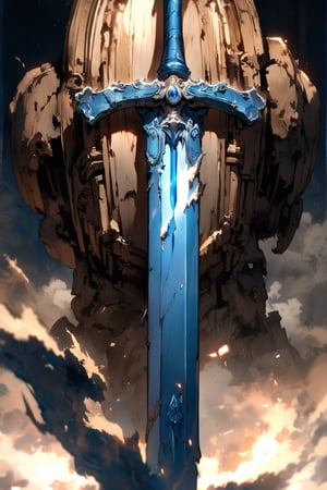 from close up a ((light sword)) (blue metal) sword from centuries ago, a little battered,