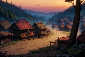 (small destroyed town), ((medieval era)), scene of a town that was destroyed, humble wooden houses destroyed, sunset atmosphere illuminated by the flames of the destroyed houses, dirt road, trees, dark feeling, anime style, world without technology.